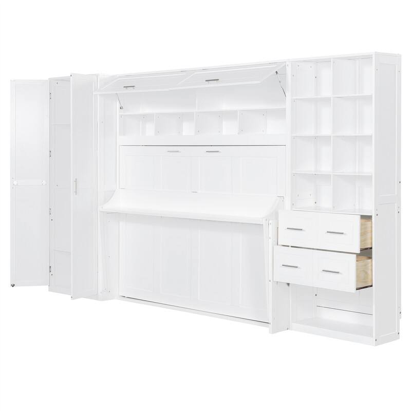 Full/Queen Size Murphy Wall Bed with Closet and 2 Storage Drawers, Space Saving Foldable Murphy Cabinet Bed with Storage Shelves