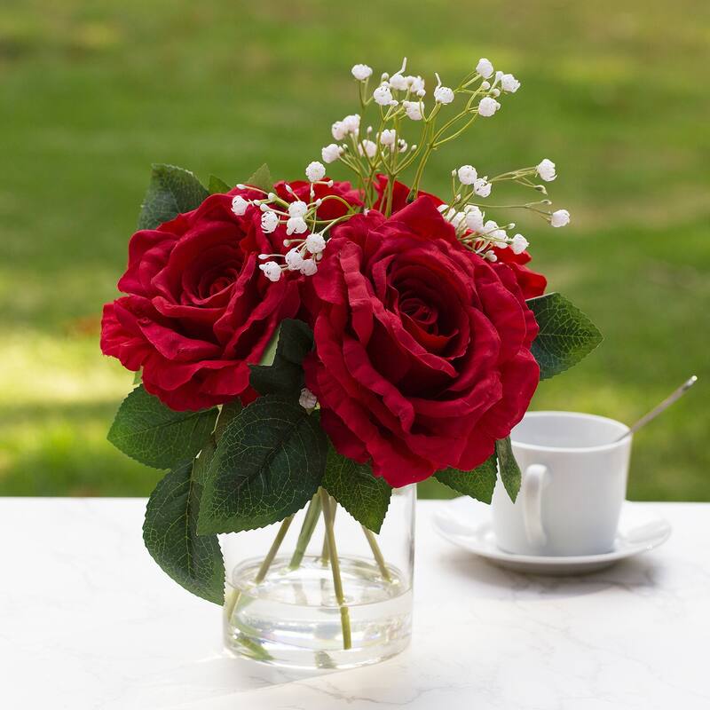 Enova Home 4 Large Silk Rose Flowers in Clear Glass Vase with Faux Water for Home Office Decoration - Red