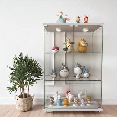 Modern 2-Door Glass Display Cabinet with LED Lights, 3-Shelf Tempered Glass Showcase for Collectibles and Storage