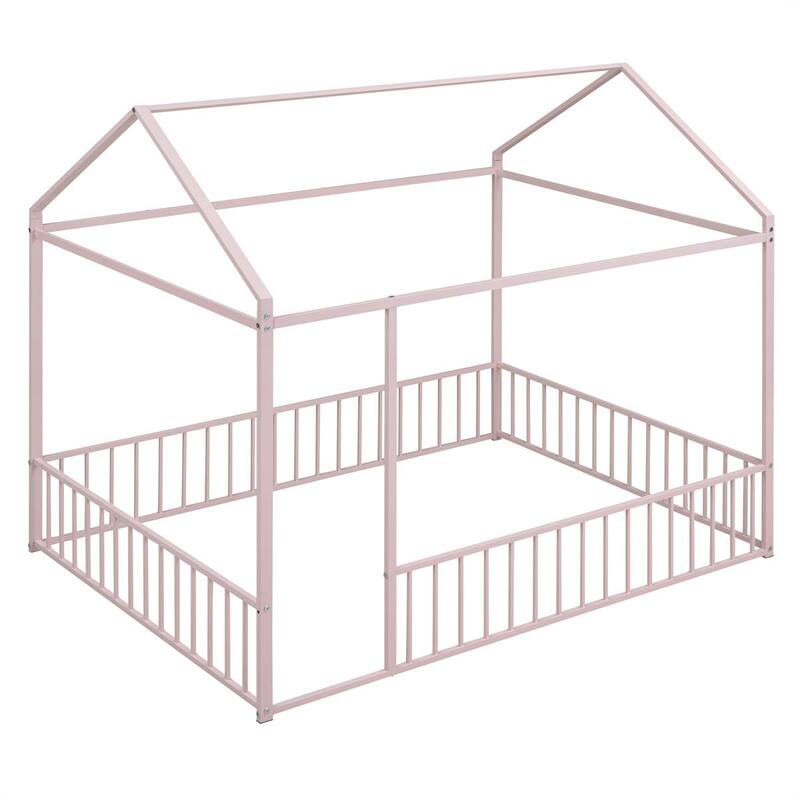Full Size Metal Bed House Bed Frame with Fence
