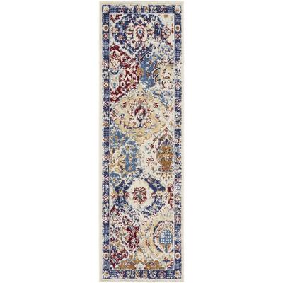 HomeRoots 8' Navy Blue Damask Power Loom Distressed Runner Rug - 8' Runner