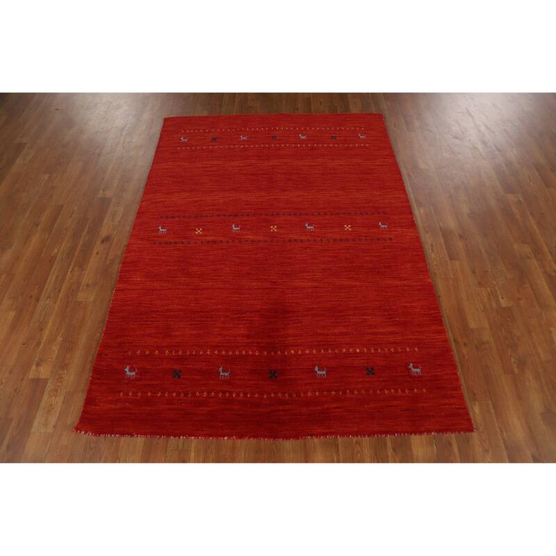 Orange Tribal Gabbeh Indian Rug Handmade Modern Wool Carpet - 4'6" x 6'5"
