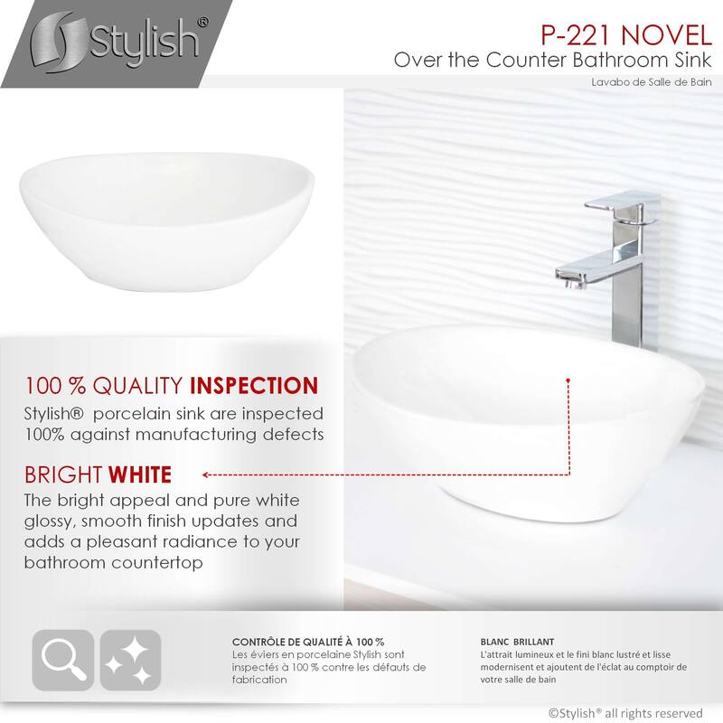 STYLISH Porcelain Oval 15 3/4-inch Top Mounted Ceramic Vessel Bathroom Sink - 15 3/4" x 13 3/8" x 5 3/4"