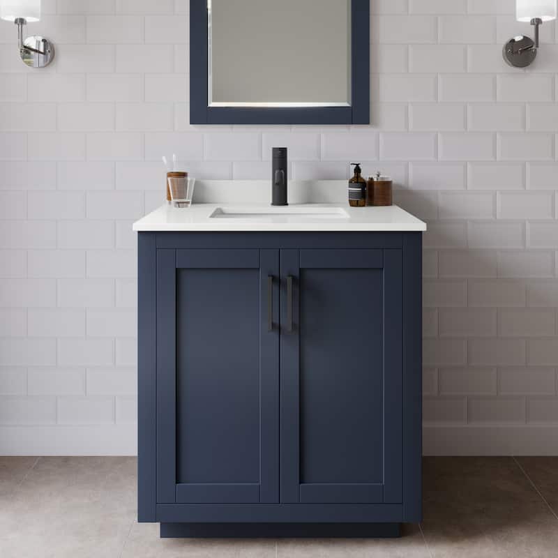 Wyndham Collection WCF292930S-QTZ-UNSMXX Miranda 30" Free Standing - Dark Blue / White Quartz Top / Matte Black