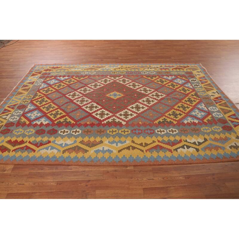 Geometric Kilim Persian Vintage Area Rug Flatweave Wool Carpet - 6'7"x 9'6"