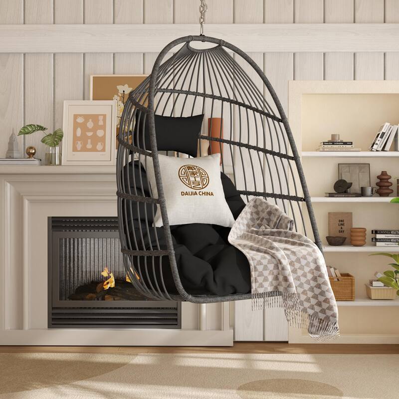 Hanging Chair PE Hanging Chair with Stainless Steel Suspension kit, Outdoor Garden Rattan Egg Swing Chair with Cushion