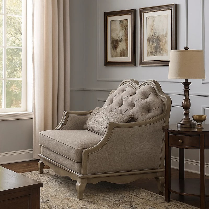 Button Tufted Camel Back Chair with Pillows and Scalloped Trim Arms, Gray