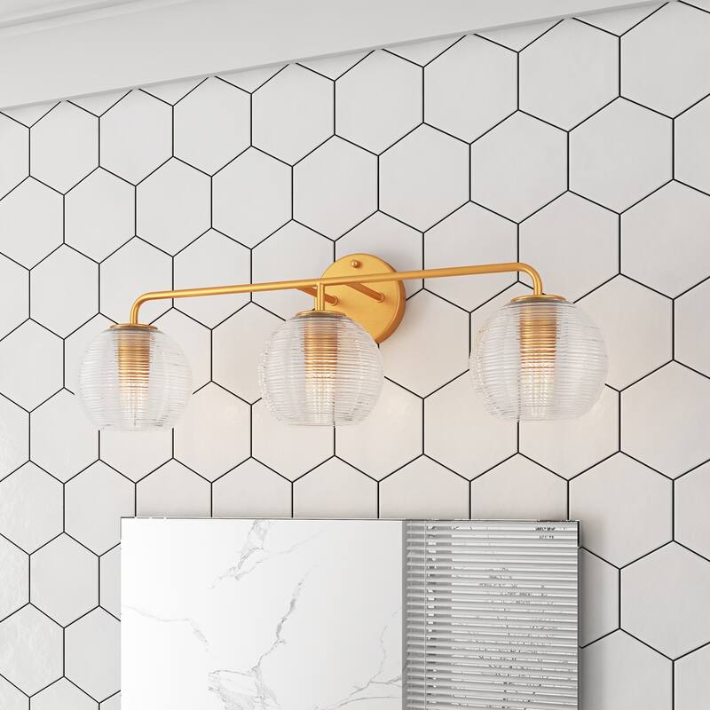 Painted Gold 3-Light Vanity Light with Clear Striped Glass Shades for Bathroom Mirror - Gold