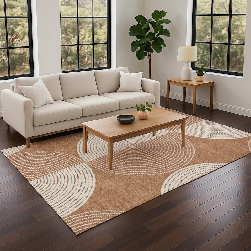 Machine Washable Indoor/ Outdoor Geo Circles Chantille Rug