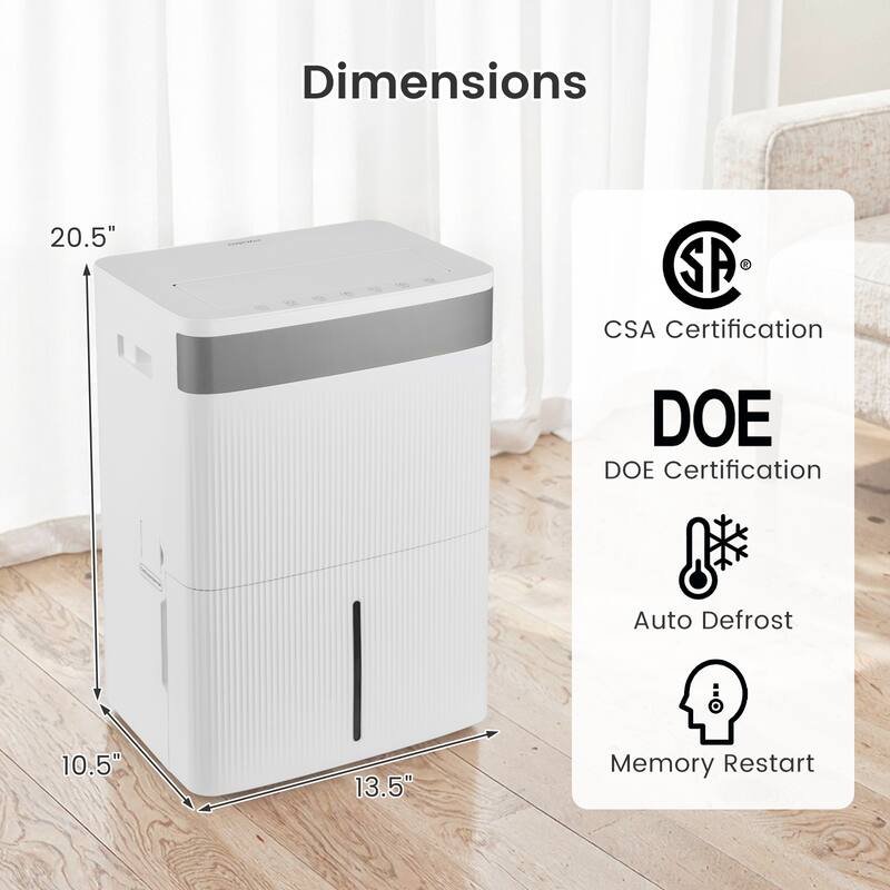 White ABS High-Capacity Dehumidifier 96 Pints with Touch Panel and Auto Drain - 13.5" x 10.5" x 20.5"