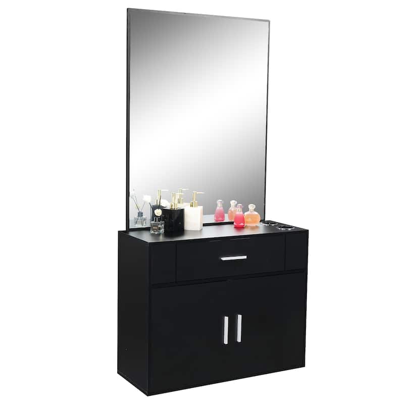 Black Wall Mounted Hair Styling Station with Mirror Drawer and Storage Cabinet for Salon Use - 59.4” x 29.6” x 11.8" (L x W x H)