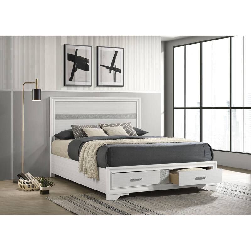 Elegant White Queen Storage Bed with Built-in Drawers and Classic Panel Design - White
