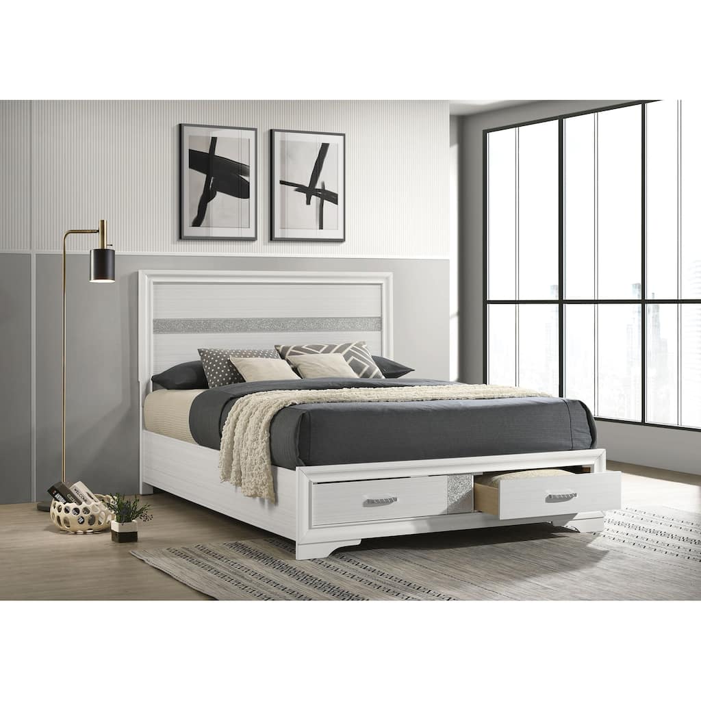 Elegant White Queen Storage Bed with Built-in Drawers and Classic Panel Design
