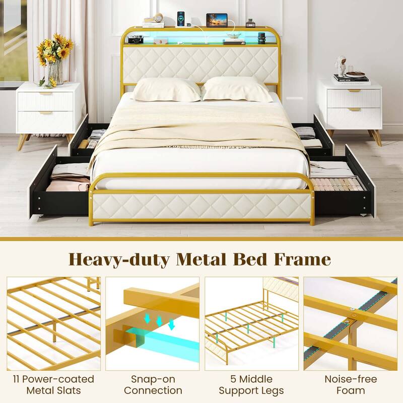 Costway Twin/Full/Queen Size Bed Frame with LED Lights & Charging
