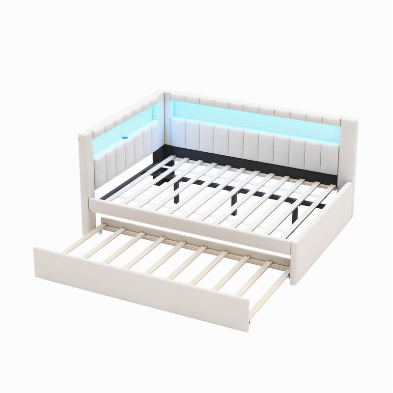 L-Shaped Daybed Linen Upholstered Corner Sofa Bed Built-in USB Ports and LED Belt Platform Bed with Optional Trundle or 2 Drawer