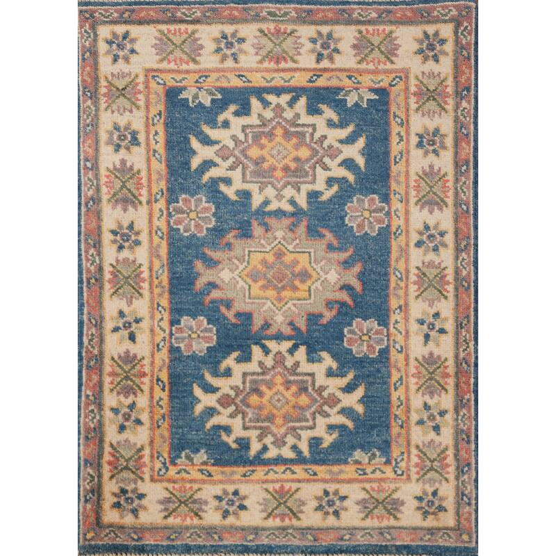 Blue Geometric Kazak Oriental Accent Foyer Rug Handmade Wool Carpet - 2'0"x 3'0"