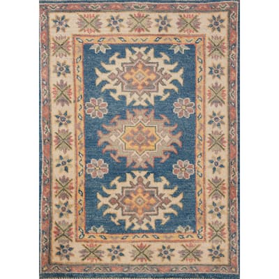 Blue Geometric Kazak Oriental Accent Foyer Rug Handmade Wool Carpet - 2'0"x 3'0"
