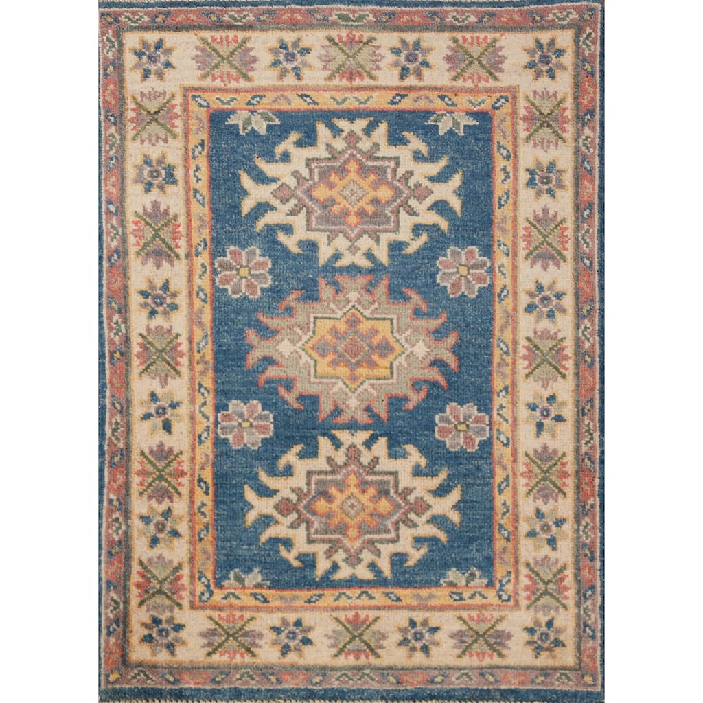 Blue Geometric Kazak Oriental Accent Foyer Rug Handmade Wool Carpet - 2'0"x 3'0"