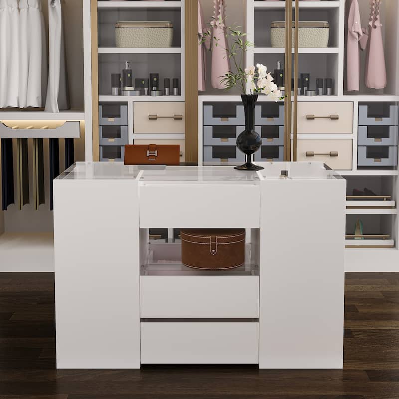 Display Dresser Cabinet Island Closet Organizer with Glass Top & Drawers