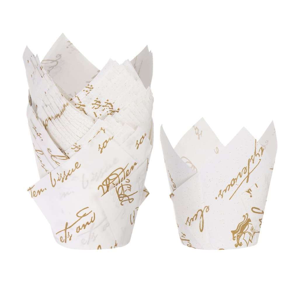50Pcs Tulip Cupcake Liners Paper Baking Cups White with Gold Pattern - White with Gold Pattern