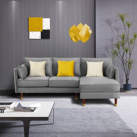 Reversible L-Shaped Sectional Sofa Velvet Sofa & Chaise with Wood Legs and Pillows