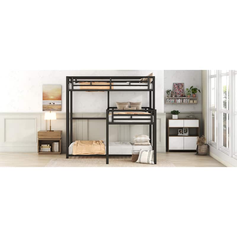 Roomfitters L-Shaped Metal Triple Twin Bunk Bed with Desk and Shelf, Black