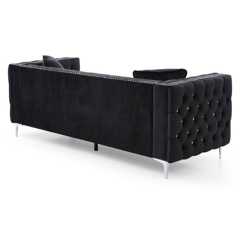 Tufted Faux Diamond Button Velvet 3-Seater Sofa with Throw Pillows - 86" - Black