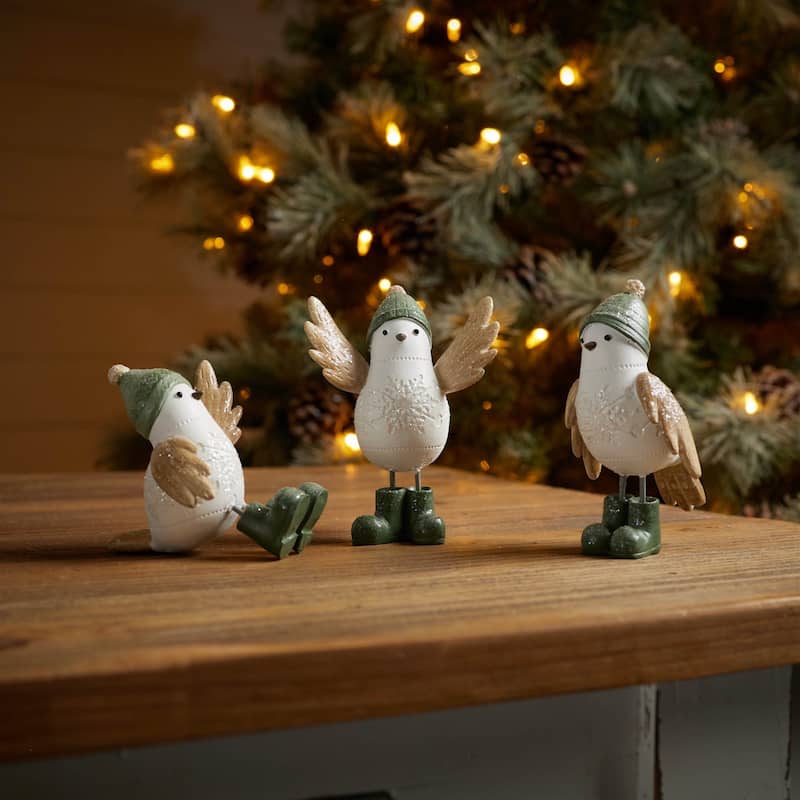 White and Beige Resin Bird Figurines Set of 6 with Glitter Finish for Seasonal Home Decor - 3”L x 2.5”W x 4.5”H