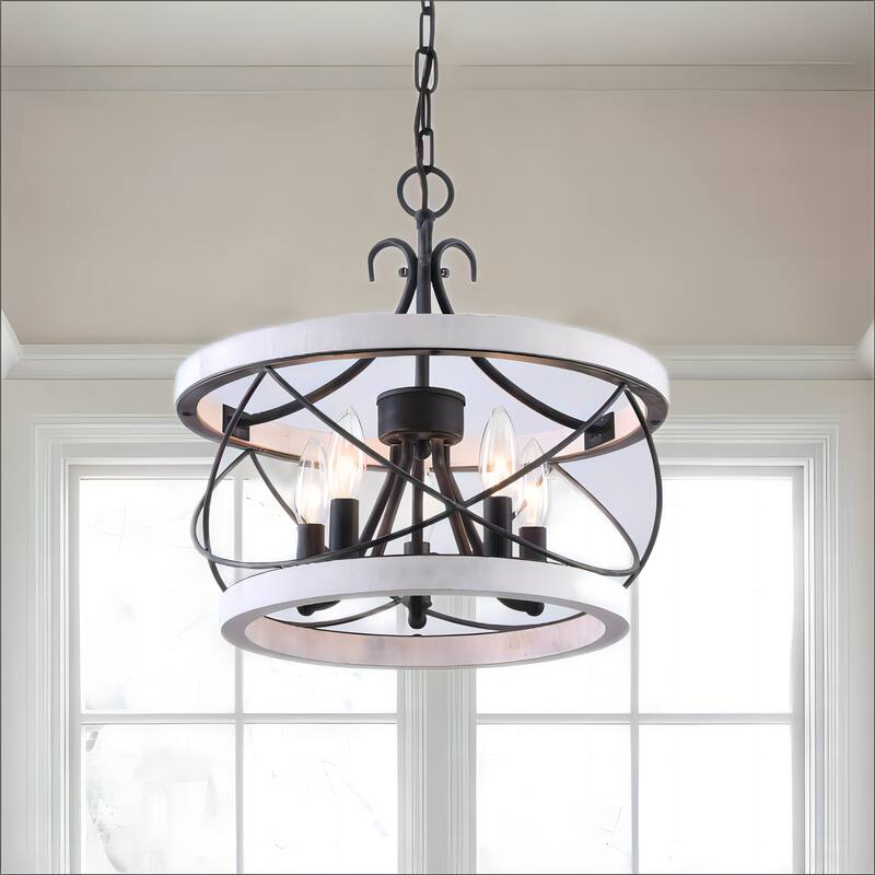 Oaks Aura Farmhouse Industrial 5 Candle Lights Chandelier, Industrial Metal Caged Ceiling Light/Ceiling Fan - 15.8" - Distressed White