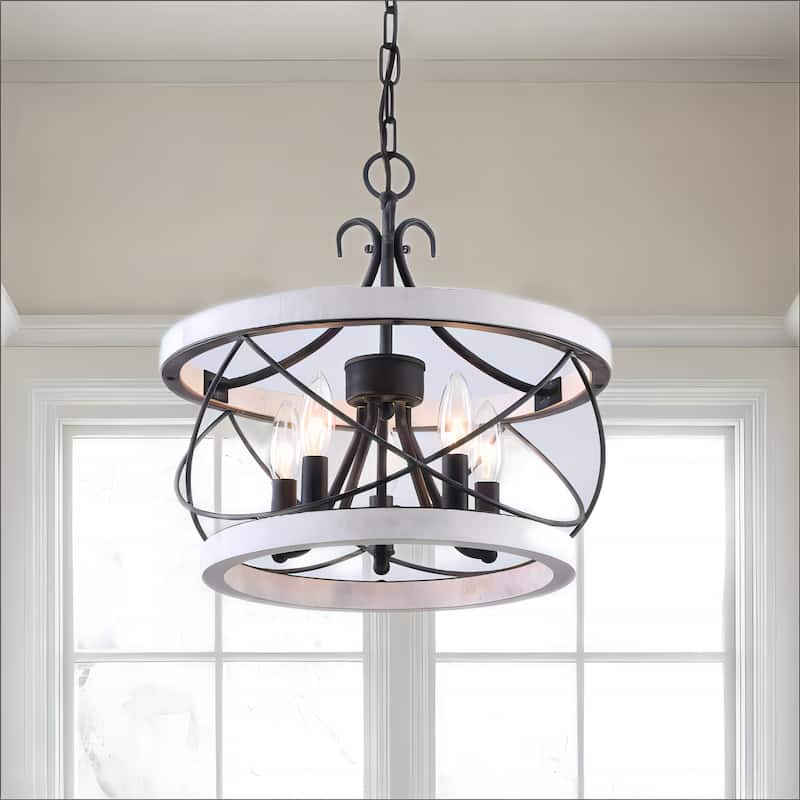 Oaks Aura Farmhouse 5-Light Cage Rustic Chandelier, Adjustable Height Industrial Pendant Ceiling Light for Kitchen Dining Room - Distressed White