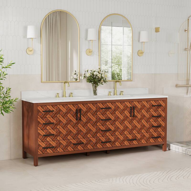 84" Freestanding Bathroom Vanity with Engineered Stone Top, Ceramic Double-Sink, Built-In Power Outlet, and Hair Dryer Storage