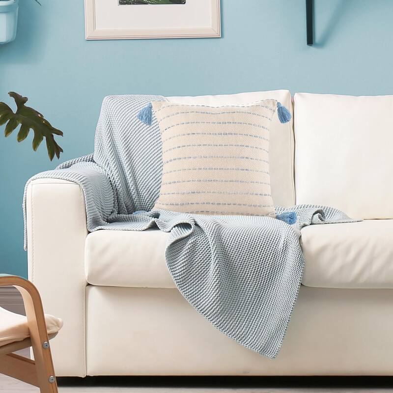 Handmade Variegated Striped Square Throw Pillow with Tassels - 20" - Blue and White