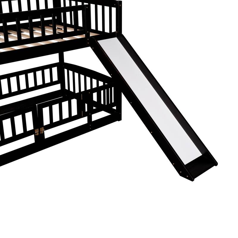 Twin-Over-Twin Low Bunk Bed with Built-in Ladder, Slide & Guardrail