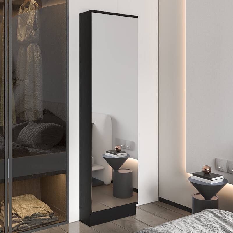 FM Furniture Ruan XL Shoe Rack with Mirror and 5 Interior Shelves - Black