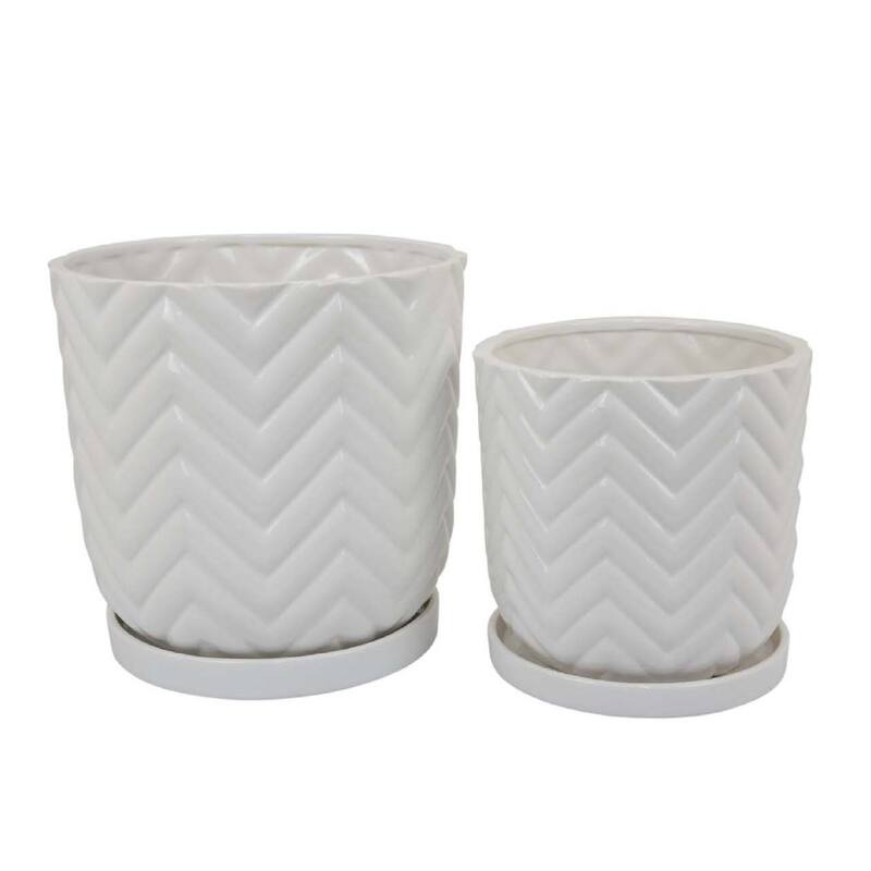2 Pack White Glossy Wave Texture Plant Ceramic Planter with Saucers
