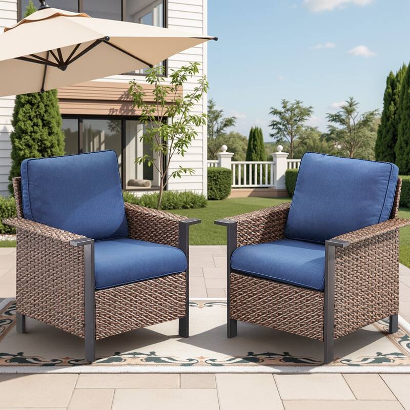 Pocassy Outdoor Wicker 2-Piece Patio Chair with Cushion - Brown Wicker Blue Cushion - 2-Piece Patio Chair with Cushion