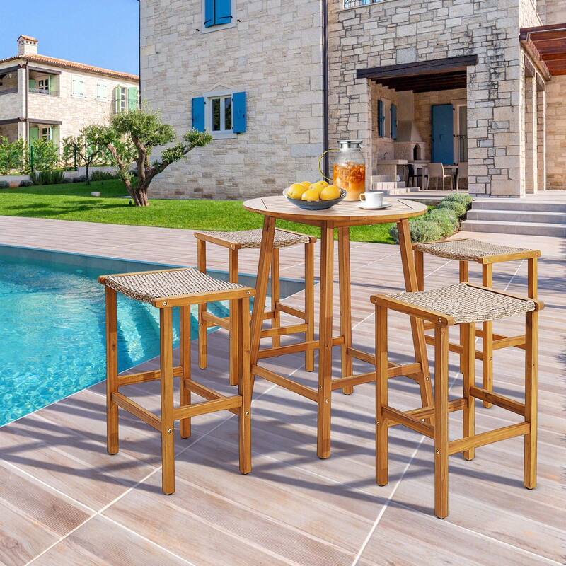 Costway 2PCS/4PCS Patio PE Wicker Bar Stools with Acacia Wood Frame