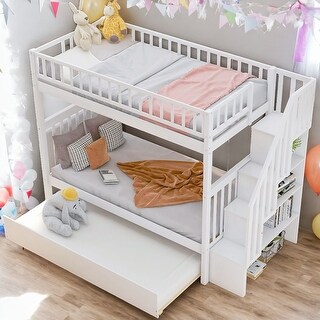 Twin over Twin Bunk Bed with Trundle and Storage,4 Storage Shelves On The Side,Can Be Split Into 3 Separate Beds,White