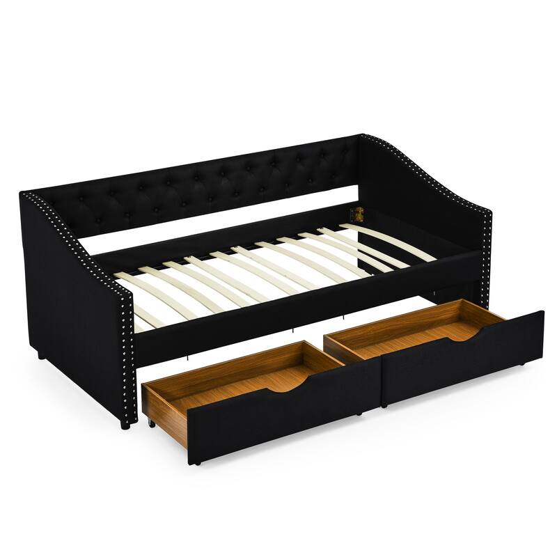 Roomfitters Twin/Full/Queen Upholstered Daybed with Tufted Backrest, Nailhead Trim and Underbed Storage Trundle