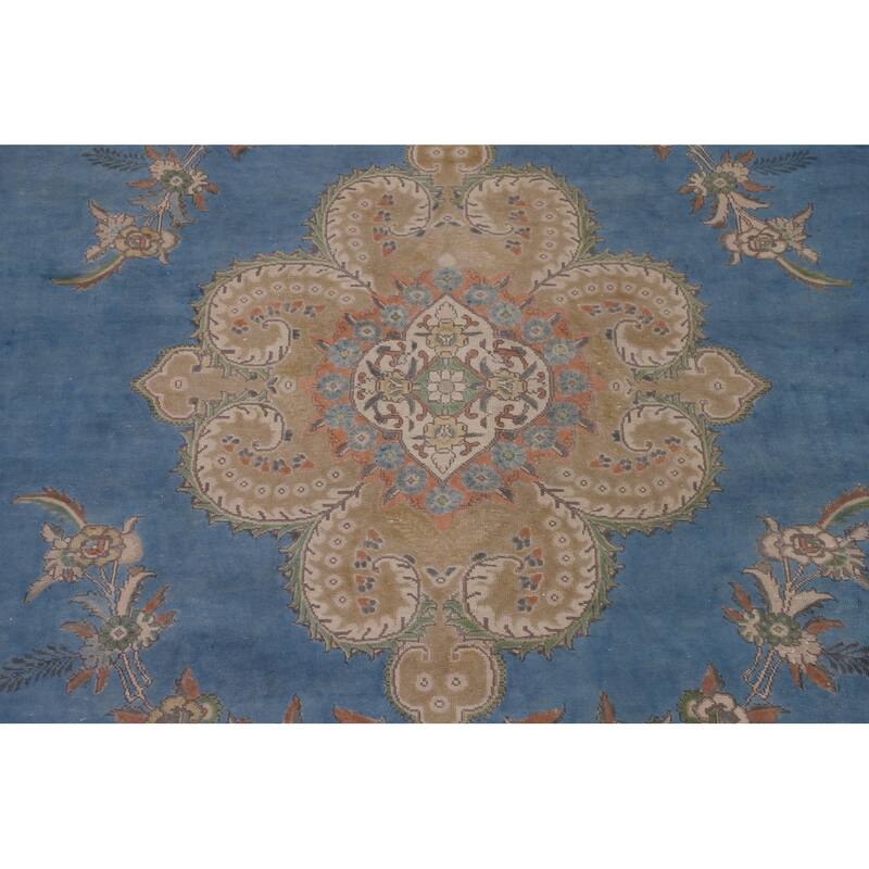 Over-Dyed Blue Tabriz Persian Vintage Rug Handmade Wool Carpet - 9'10"x 13'0"