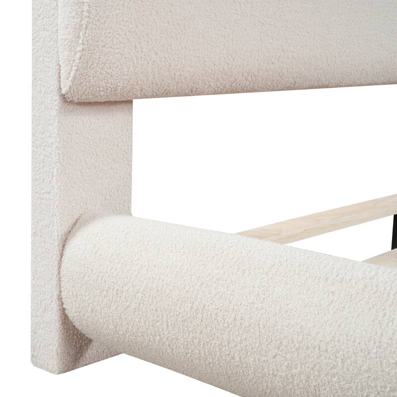 Solid Frame Platform Bed with Teddy Fleece Thick Fabric,Beige - Full