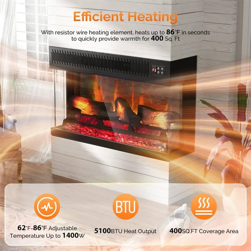 28/36 inch Electric Fireplace Insert 3 Sided View 20 Flame Color Heater