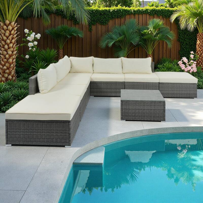 8-Pieces Outdoor Wicker Modular Sectional Sofa Set with Coffee Table, Free Combination - Beige
