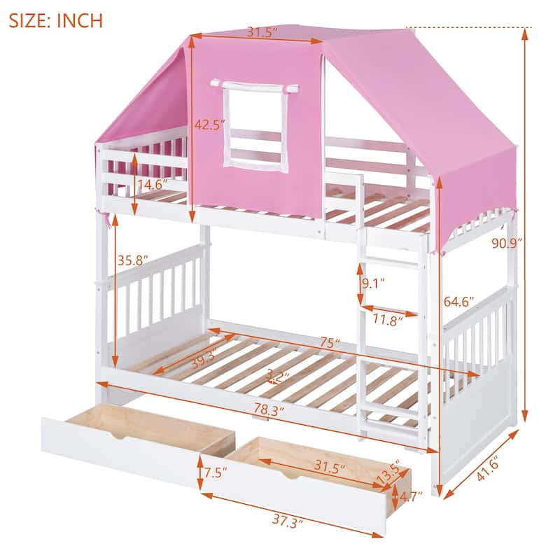 TwinTwin Castle Style Bunk Bed Frame with Tent & 2 Drawers Bed Bath