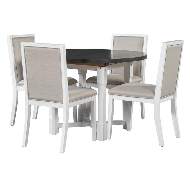 5-Piece Farmhouse Round Dining Set with Removable Leaf and Padded Chairs