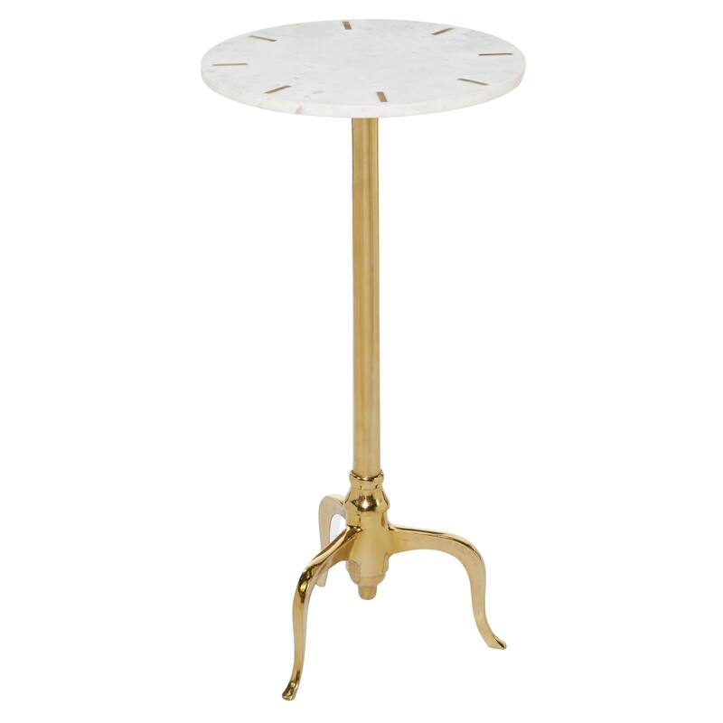 White Marble Accent Table with Gold Inlay and Scrolled Base