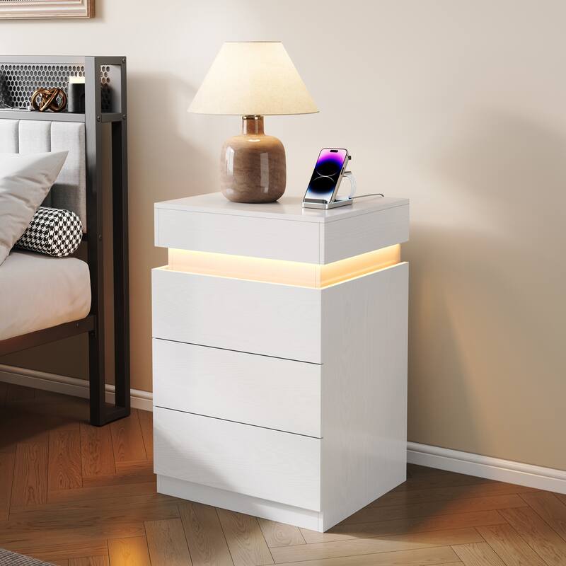 Nightstand with Built-In Charging Station and LED Lighting, 3-Drawer Sliding-Top Modern Bedside Table