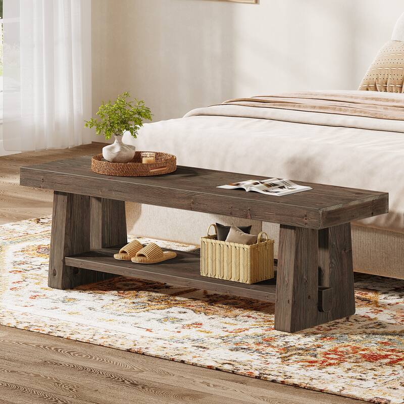 2-Tier Solid Wood Entryway Bench with Shelves, Dining Bed End Accent Seat for Dining Room Living Room Hallway Bedroom