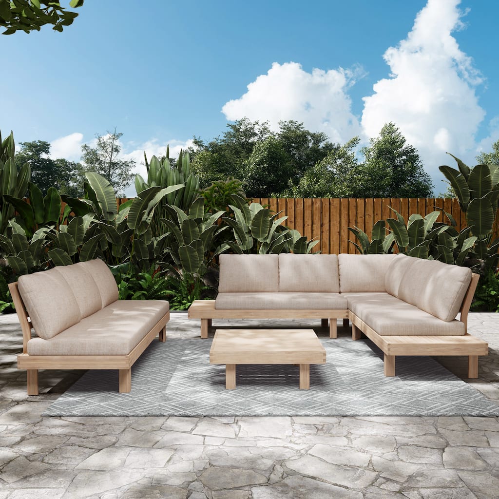 Christopher Knight Home - Topia Mid-Century Outdoor Sectional Sofa Set with Coffee Table and Water-Resistant Cushions