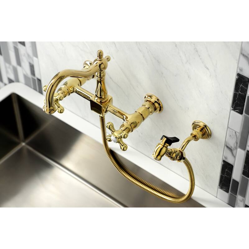 Kingston Brass Heritage Wall Mount Bridge Kitchen Faucet with Brass Sprayer